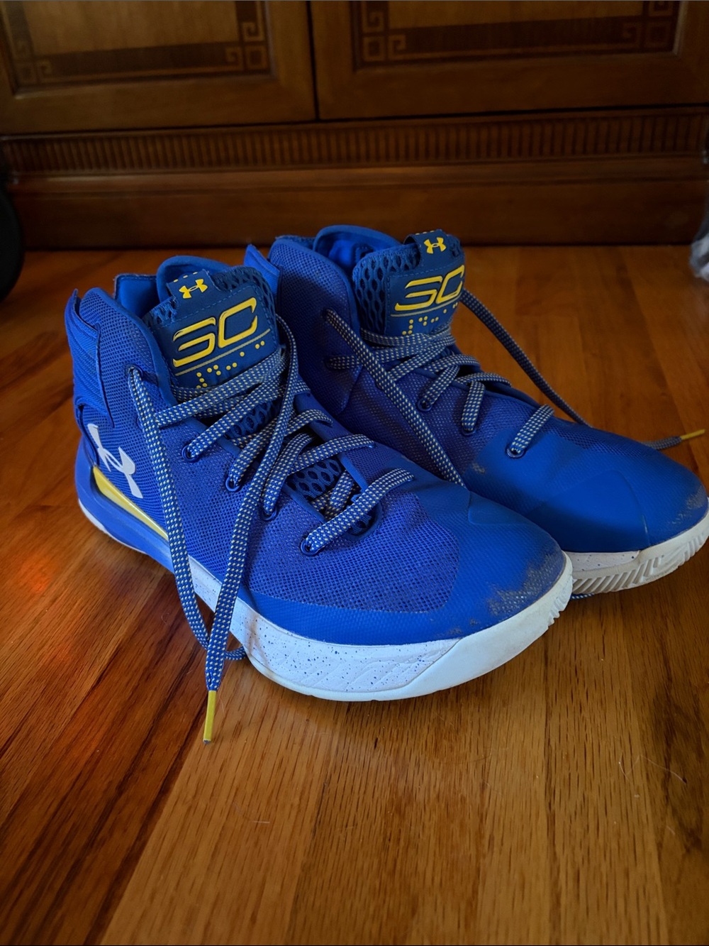 Under Armour Steph Curry Blue and Yellow SC High-Top Sneakers